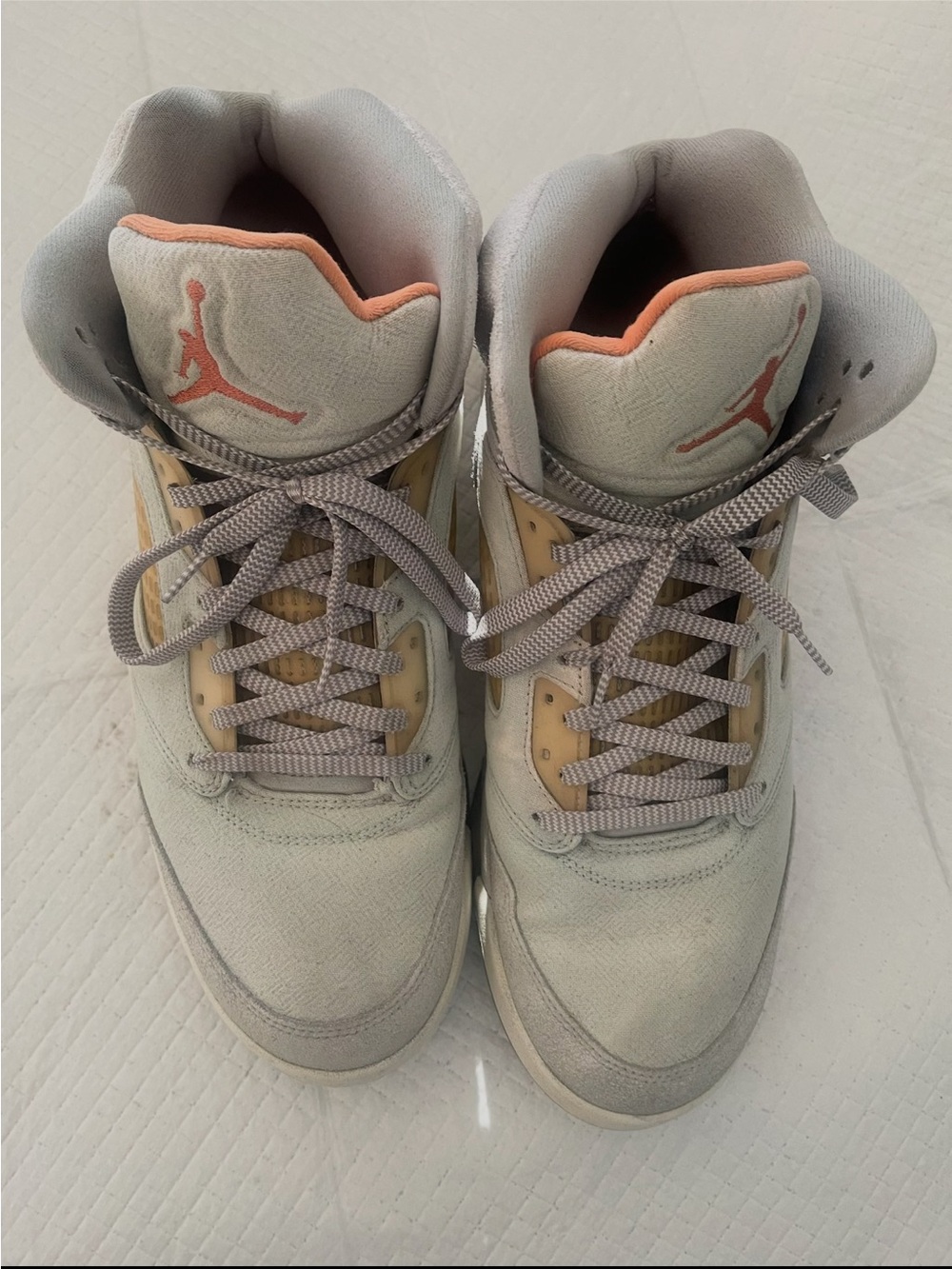 Jordan High-Top Sneakers in Light Gray with Peach Accents